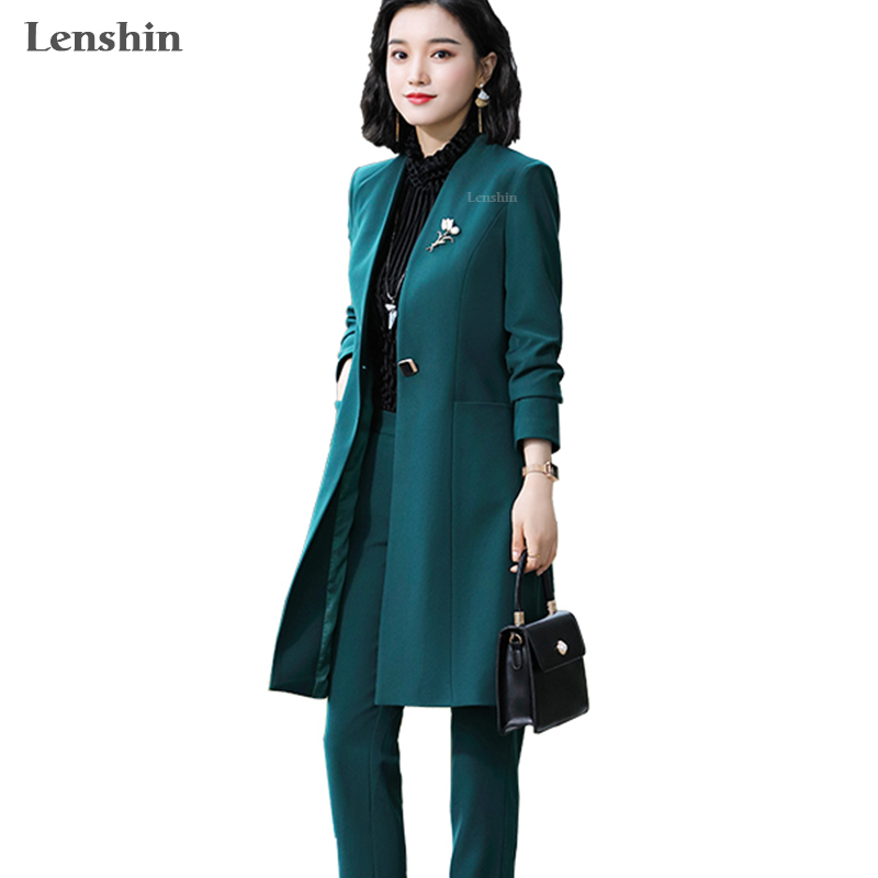 

Lenshin High Quality 2 Piece Set Formal Pant Suit Long Blazer Office Lady Designs Women Soft Green Jacket with Pant, 2 pieces black suit