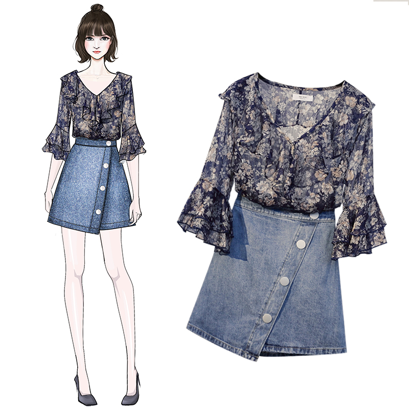 

summer new large size ladies' suit chiffon blouse cowboy short skirt suit, Blue