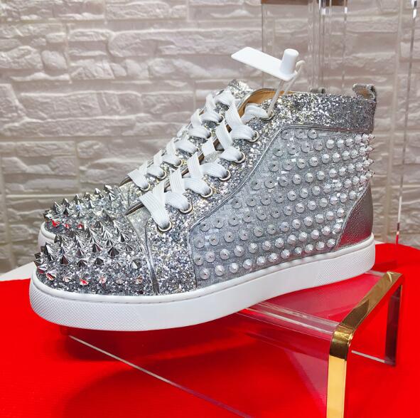 

Sliver Leather Spikes Sneakers Shoes High Quality Red Bottom Casual Walking Famous Brand Studded Women,Men Party Wedding Perfect Gift, Original box;dust bag