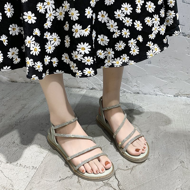 

Sweet Elastic Band Wedge Bohemia Sandals Women Shoes Summer Shiny Crystal Narrow Band Open Toe Sandals Women Beige Green