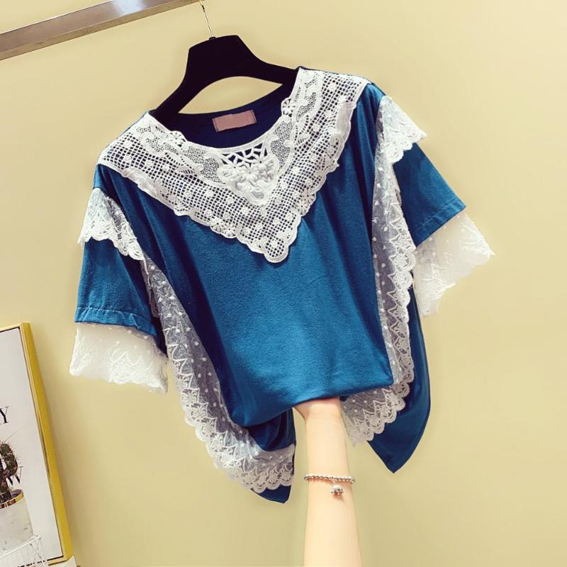 

Women' O Neck Beautiful Lace Patchwork Short Sleeves T-Shirt Tee 2020 Summer Female Pullover Casual Tops Tees A2745, As pic