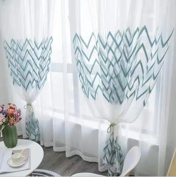 Blue wavy striped screen Sheer Curtains Simple wave embroidered white yarn finished window screens living room study floor curtain-image-498770497
