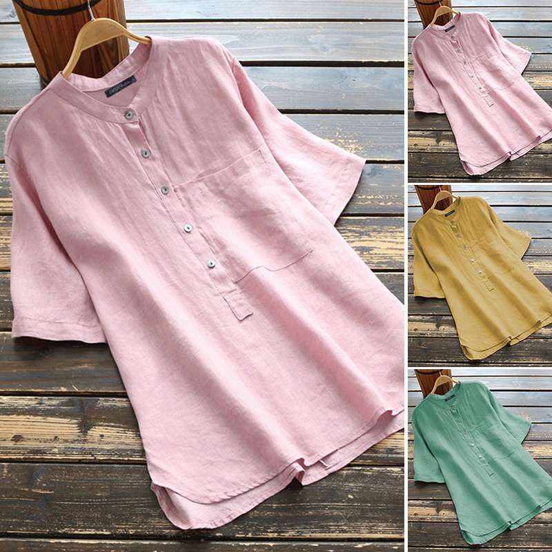 

Women' Button Down Blouses 2020 ZANZEA Fashion Summer Shirts Casual Short Sleeve Blusas Female O Neck Solid Tunic Oversized Top, Green