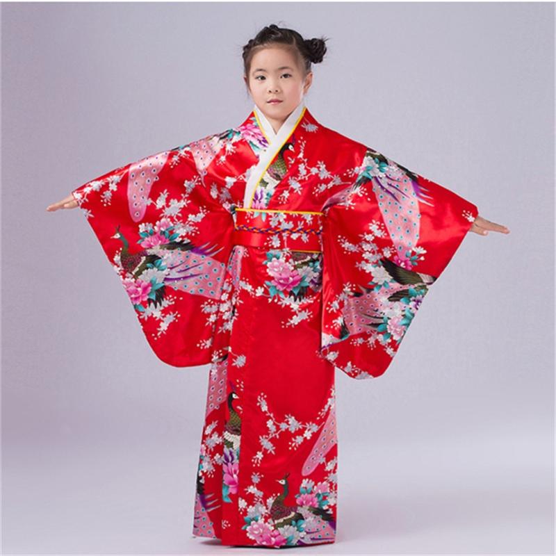 

Ethnic Clothing 2021 Traditional Kimono Girl Japanese Dress Silk National Print Cherry Red Blossoms Costume For Girls Japan