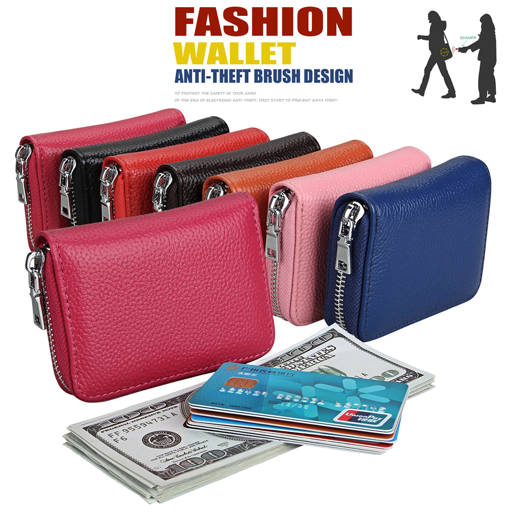 

Unisex Mini Card Wallet RFID Blocking Zipper Purses Genuine Leather Bank Cards Wallet Photo Holder Pocket Pouches Banknote Pocket Gift, 7 colors for choice