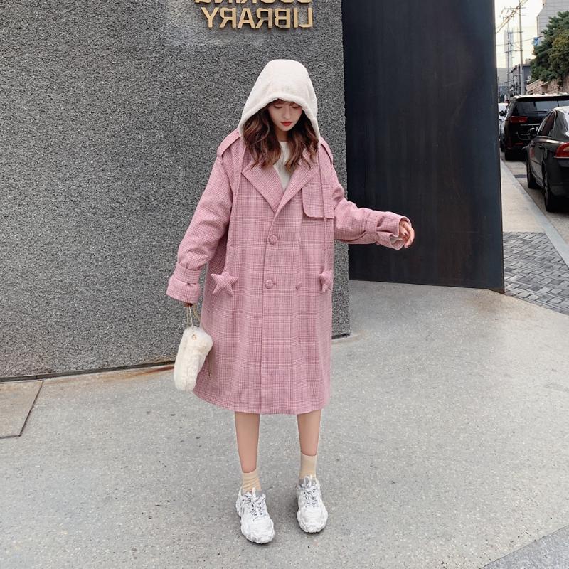 

2020 New Houndstooth Woolen Coat Women Autumn Winter Fashion Long Quality Thick Warm Cashmere Coats Female Cothes Lady N27, Pink grid