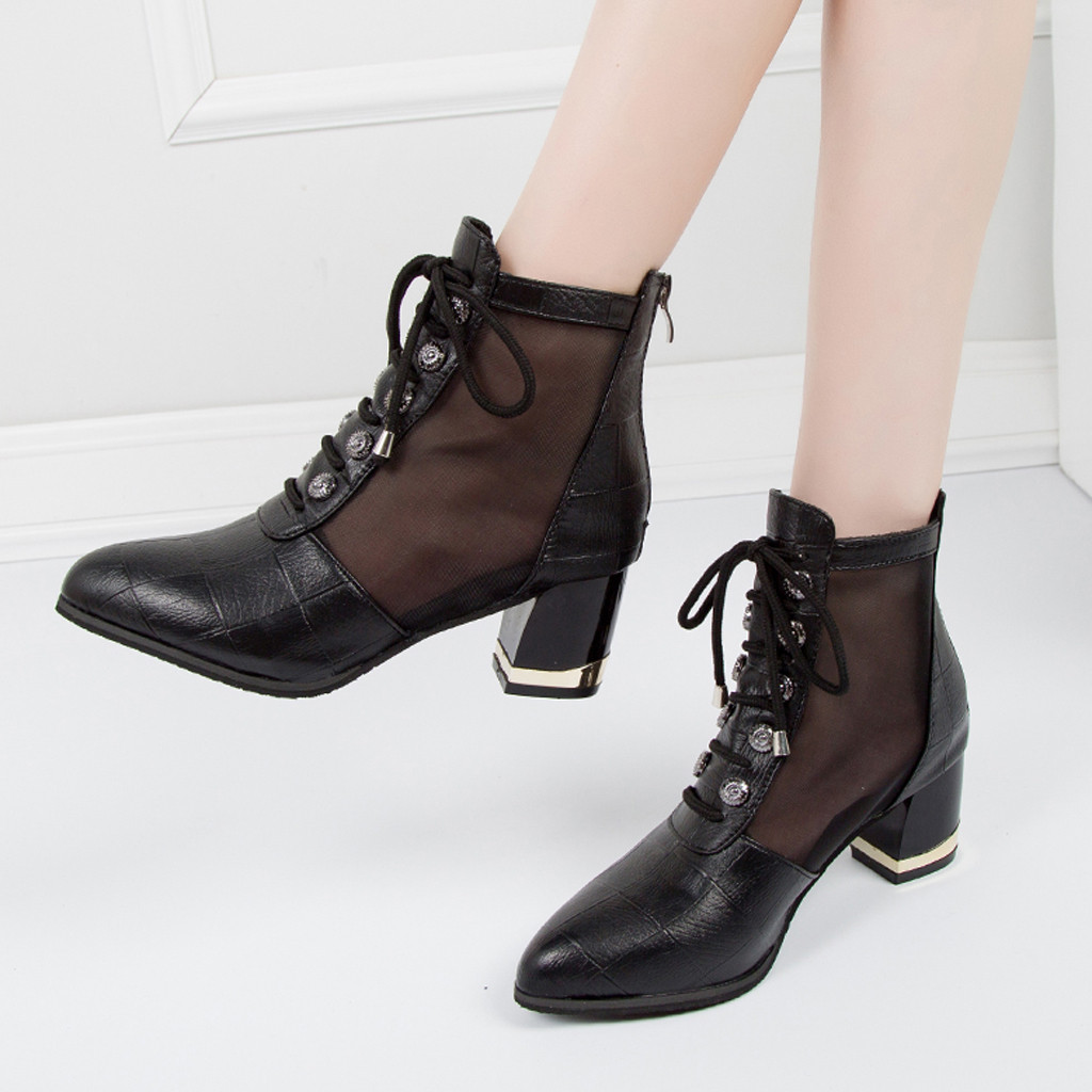 

2019 New Hot Style Women's Fashion Leisure Solid Mesh Wedges Pointed Toe Plaid Mid Heel Boots Shoes zapatos de mujer, Black