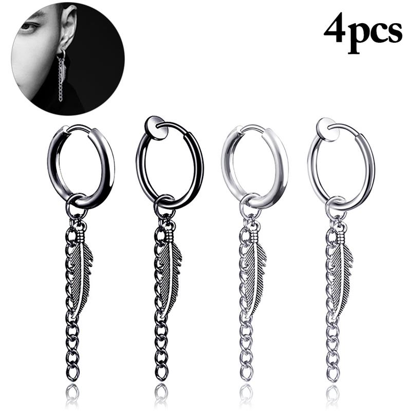 

2020 Hot 4pcs Men Dangle Earrings Fashion Punk Chain Feather Pattern Hoop Earrings Huggie Earring Drop for Party