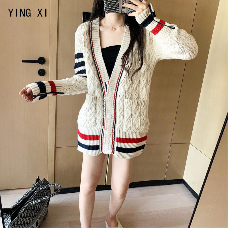 

YING XI 2020 New Spring MD-Style V-neck Cardigans Women Sweater Long Sleeve Casual Striped Single Breasted Knit Sweater, Beige