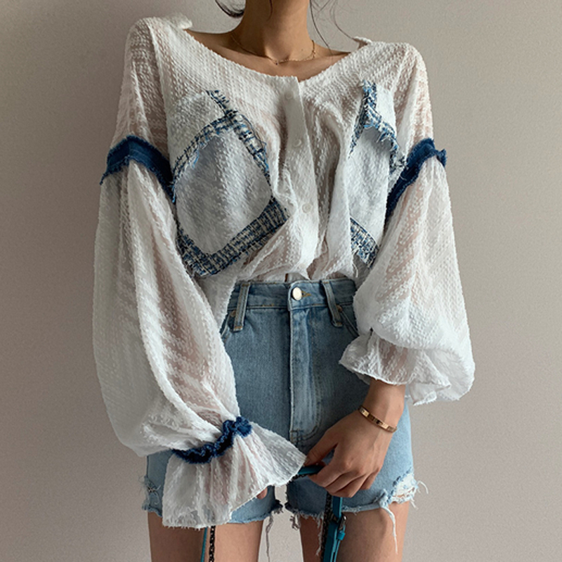 Casual Loose Chic Flare Sleeve Female Shirts Autumn Winter Pockets Patchwork Single-breasted Women Blouses Blusas Mujer 2020