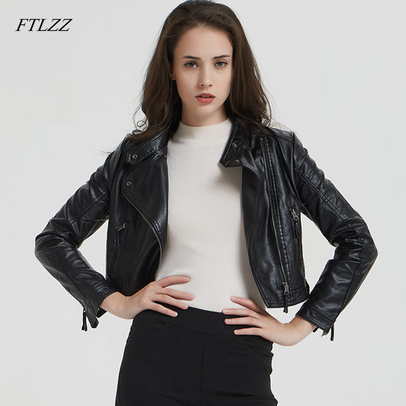 

FTLZZ New Pu Leather Short Jacket Autumn Winter Faux Soft Leather Coat Slim Black Rivet Zipper Punk Jackets Womens Biker Jacket