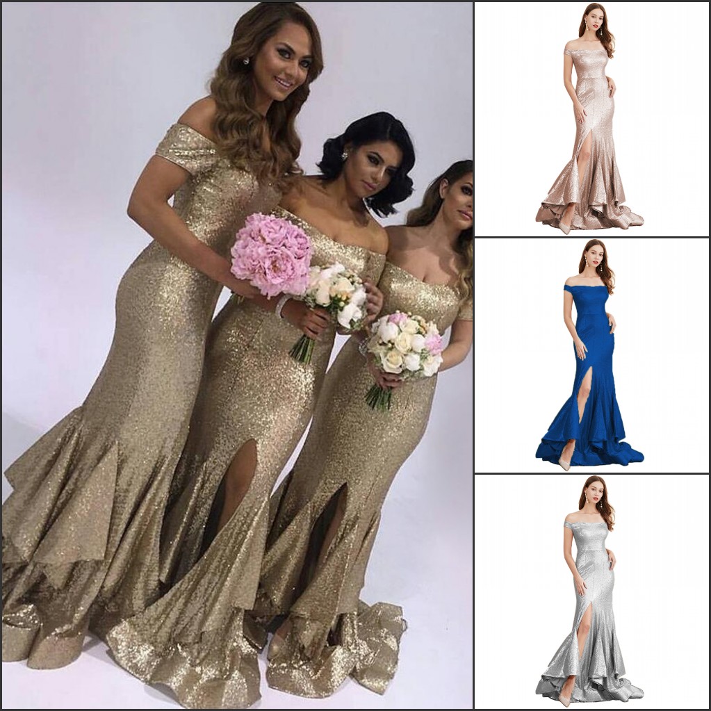 

Champagne Gold Sequin Bridesmaid Dresses Front Slit Mermaid Matron of Honor Dresses Off Shoulder Split Formal Wedding Guest Party Dress Plus