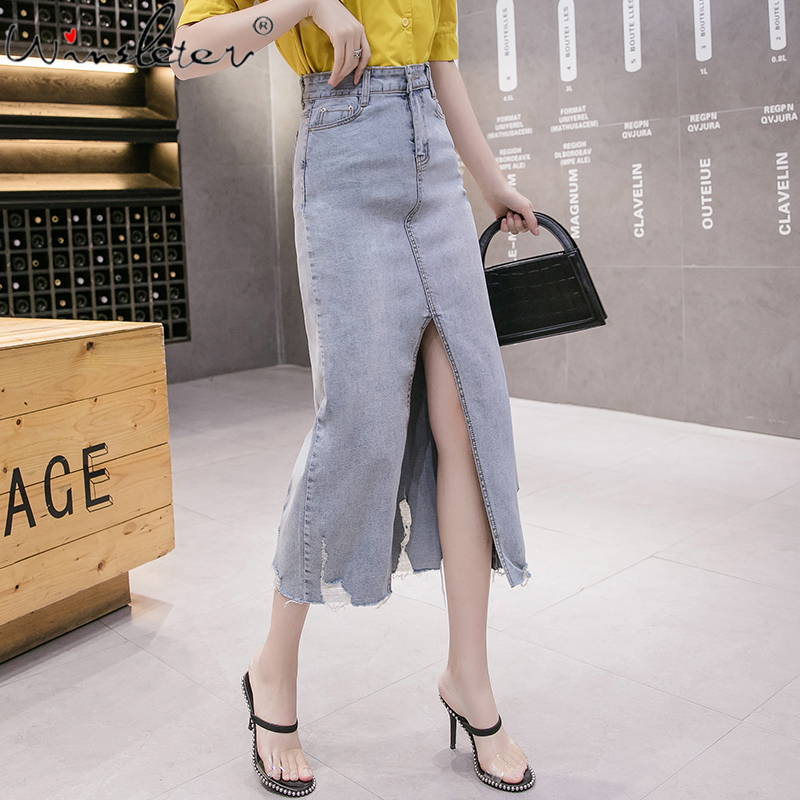 

Summer Skirt Denim Jeans Big Slit Mid-calf Long Skirt Holes High Waist With Stretchy moda mujer 2020 falda B02912B, Blue