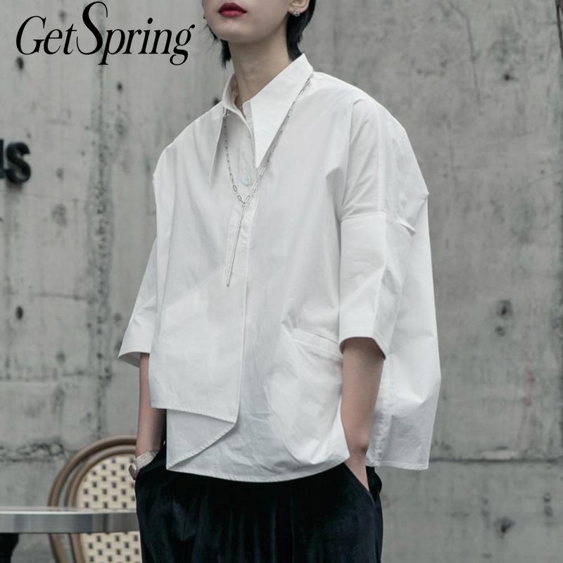

GetSpring Women Blouse Cotton White Shirt Seven Sleeve Women Shirt Irregular Ladies Tops Loose White Blouses Spring Summer 2020, Beige