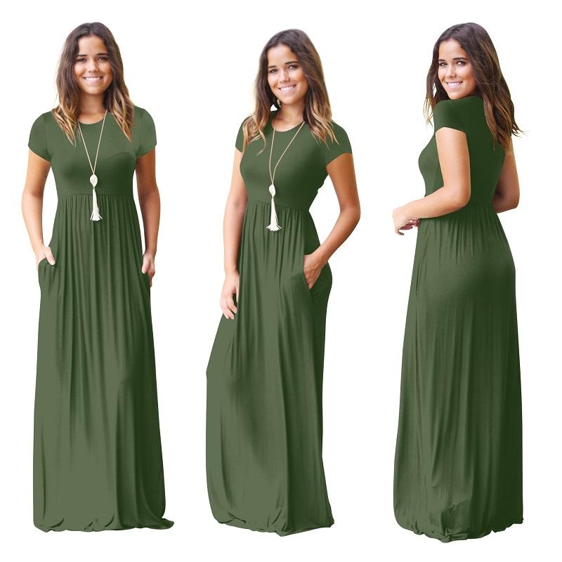 Summer women short sleeve tunic plain maxi dress Casual long dresses with pocket Plus size 2xl purple green black burgundy dress cny1521