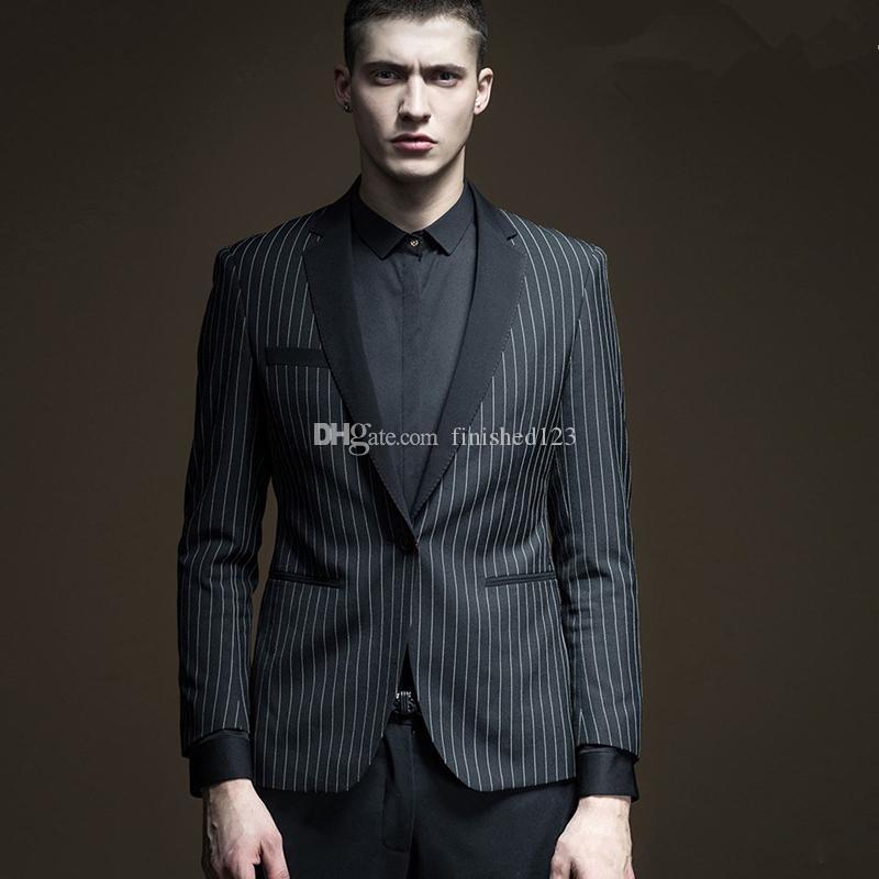 

Handsome One Button Black with Strips Wedding Groom Tuxedos Notch Lapel Groomsmen Men Suits Prom Blazer (Jacket+Pants+Tie) NO:1889, Same as image
