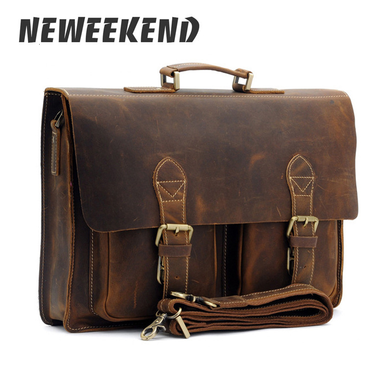 

Top Grade Male Men's Vintage Real Crazy Horse Leather Briefcase Messenger Shoulder Portfolio Laptop Bag Case Office Handbag 1061 CJ191212, Chocolate-40cm