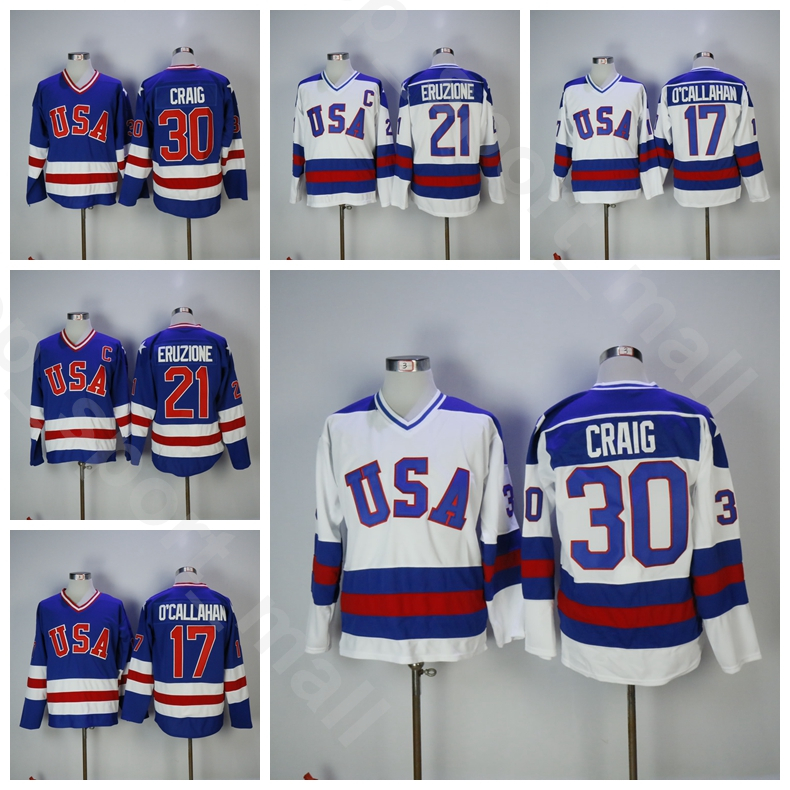 

1980 USA Ice Hockey College 30 Jim Craig Jersey Men Vintage 21 Mike Eruzione 17 Jack Ocallahan Blue White Away Home All Stitched, 17 white