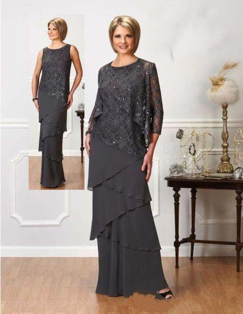 

Elegant Dark Grey Mother Of The Bride Dresses Sparkly Sequins Sheath Chiffon Tiered Skirts With Jacket for Weddings Mothers Dresses