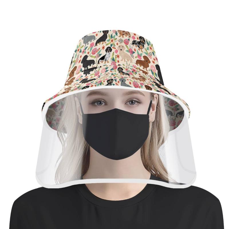 

Bucket Hat With Fullface Shield Flower Lovely Dachshund Pattern Women Summer Protective Cap Sun Flat Top Fisherman Hats Czapki, Black