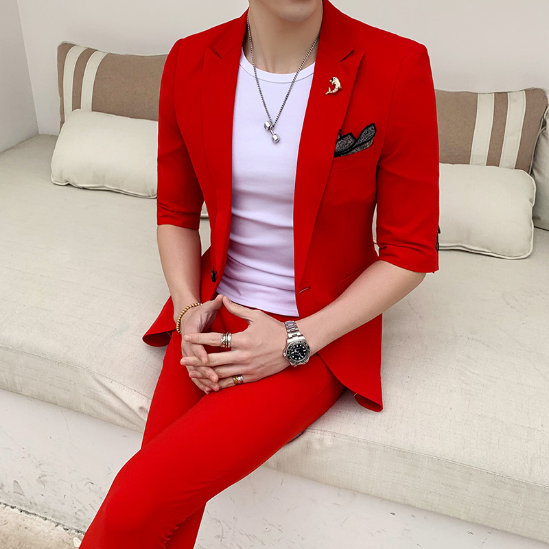 

Men's Two-piece Suit Set Summer Trend Thin Leisure Suit Slim Leggings Solid Color Set Seven Sleeve Plus Nine Pants, Black