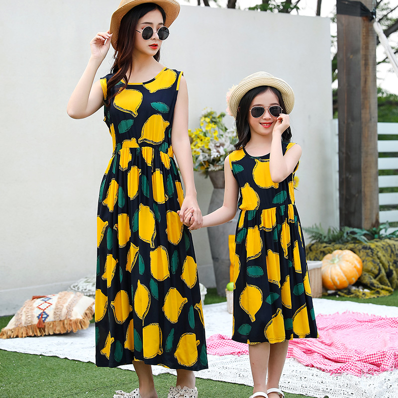 Lemons Print Mother Daughter Matching Dresses Beach Mommy and Me Clothes Family Look Sleeveless Mom Mum & Baby Women Girls Dress