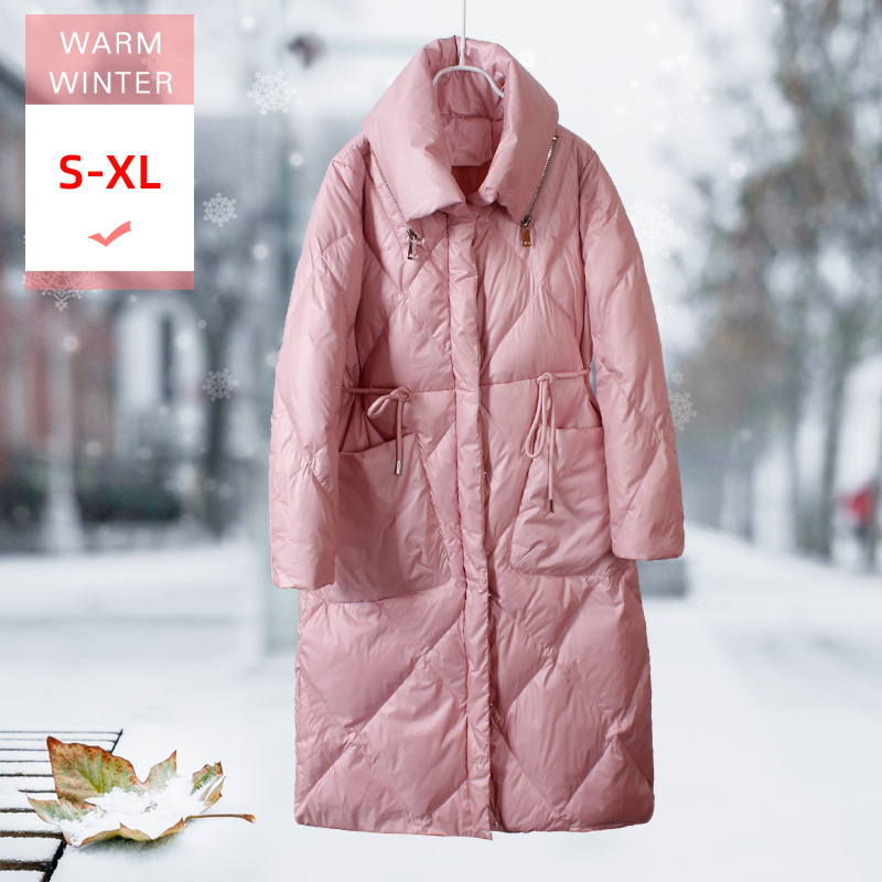 

Women Winter New Fashion Long White Duck Down Jaket Stand Collar Female Slim Soft Zipper Down Coat Windproof Warm Good Quanlity, Beige