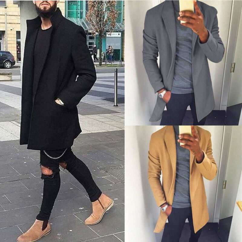 

Men Wool Blends Coats Autumn Winter New Solid Color High Quality Men's Wool Coats Luxurious Blends Coat Male Windbreaker, Black