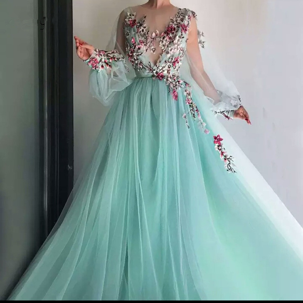 

2020 New Pretty Mint Green Floral Embroidery Lace Prom Dresses Puff Full Sleeves Illusion O-neck A-line Party Dress Vestido Formatura, Sage