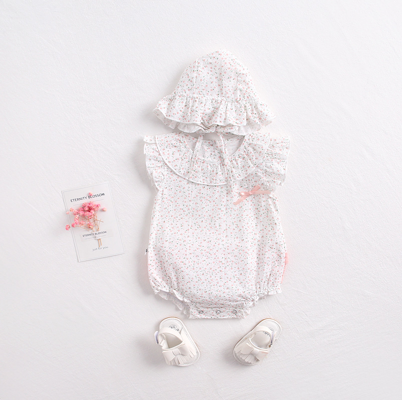 

INS baby kids Girl Clothing Summer Romper Sleeveless Full Little Flower design Romper + hat Summer Lolita romper, As pic