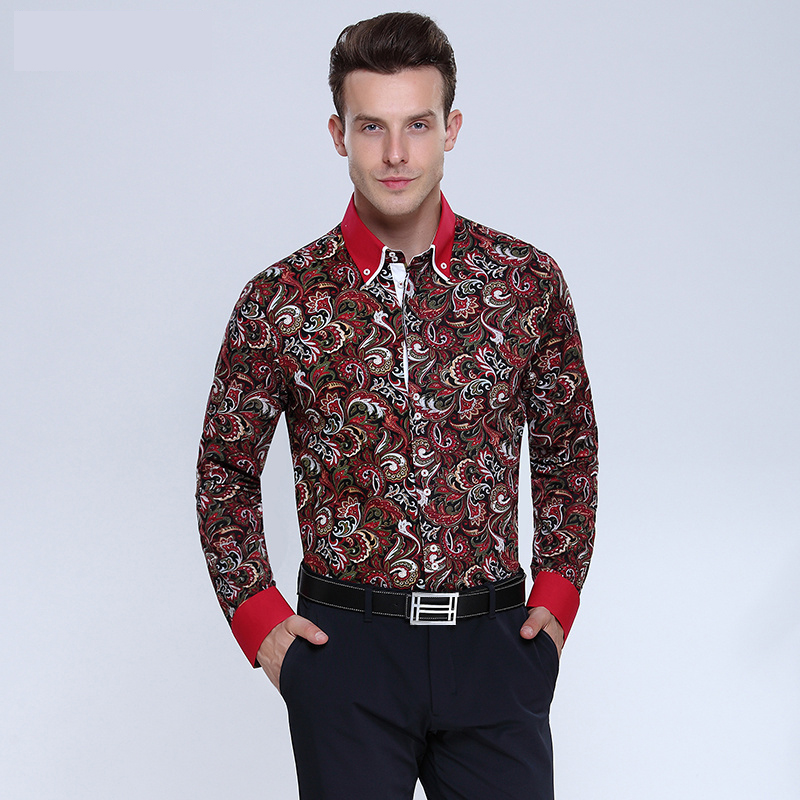 

2020 Fahion Men Shirt Italian Style Slim Fit Men Printed Shirts Long Sleeve Shirt Flower Printing Turn-down Collar Shirts, Blue