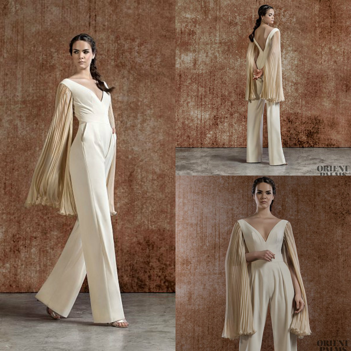 

2019 Women Jumpsuit With Sleeves Champagne Evening Dresses V Neck Pants Elegant Prom Dress Party Zuhair Murad Dress Vestidos Festa, Beige