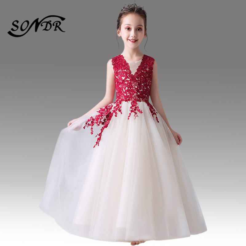 

Girl Party Gowns HT071 Red Embroidered Lace Dress for Girls Vintage Elegant Flower Girl Dresses Long Primera Comunion Decoracion, Train