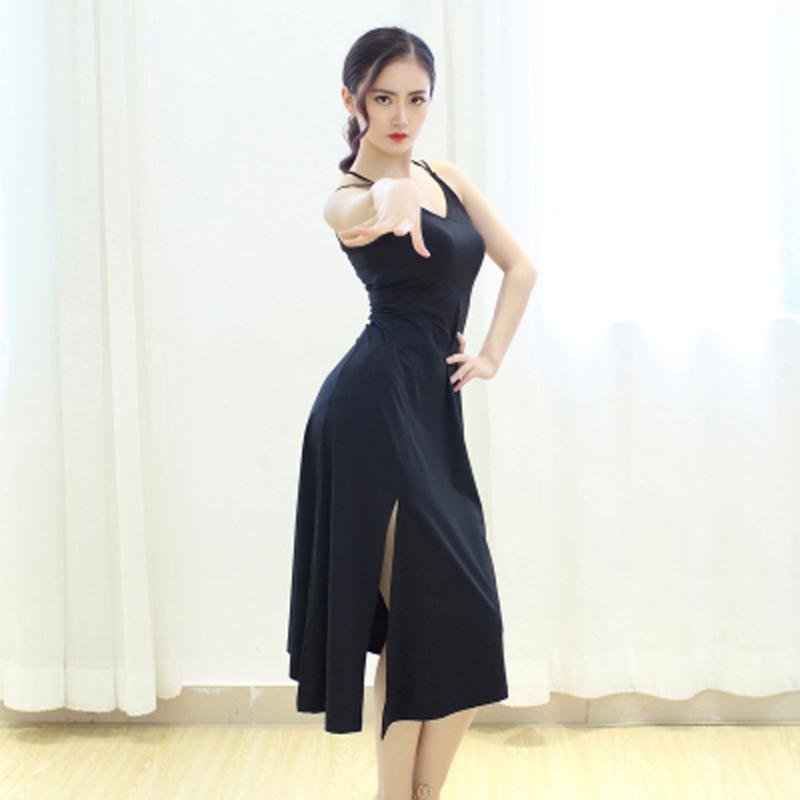 

Latin dance suspenders sexy dress female adult clothing summer new self-cultivation split long skirt dance practice clothe, Black
