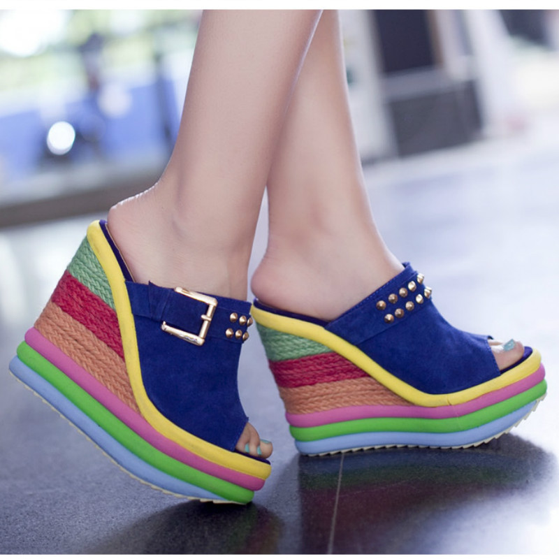 

Thenew Womens Shoes High Heels Fish Mouth Mixed Colors Rainbow Shoes Belt Buckle Wedges Slides Super High (8cm-up) Mixed Colors, Blue