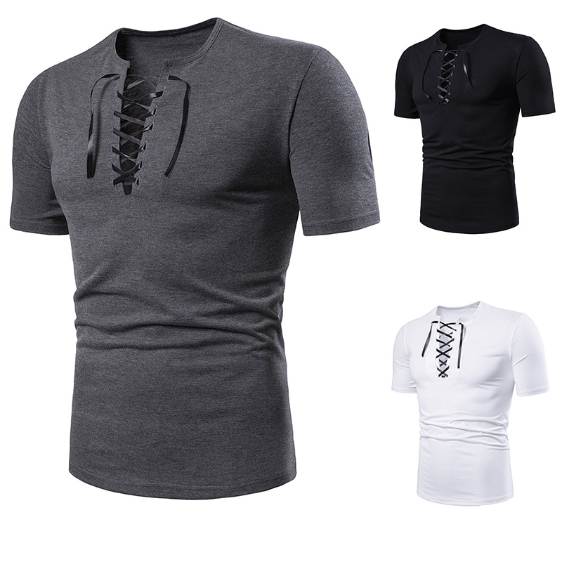 

Men Fashion Solid Tshirt Summer V Neck Cross Lace Up Fitness Slim Mens clothing Vintage Short Sleeve T-shirt J190718, Gray