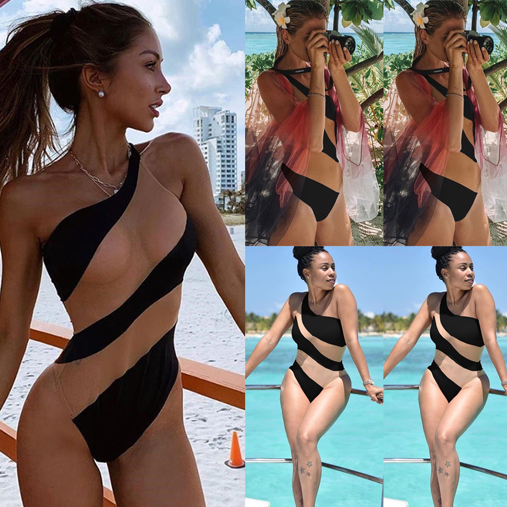 

2019 Newest Hot Women One Piece Bikini Push-up Padded Swimsuit Bathing Swimwear Beach Monokini Stripe Skinny One Shoulder