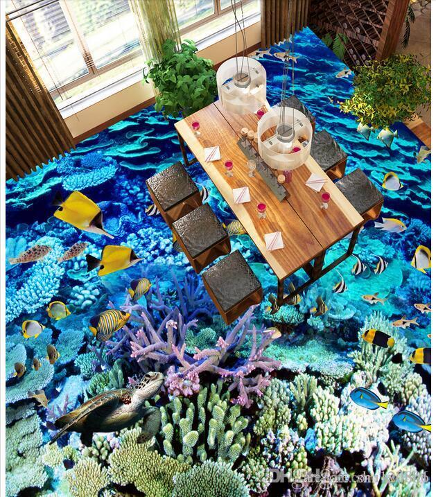 

3d pvc flooring custom photo Waterproof floor wall sticker Deep blue underwater world coral fish school living room 3d wall murals wallpaper, Pictures show