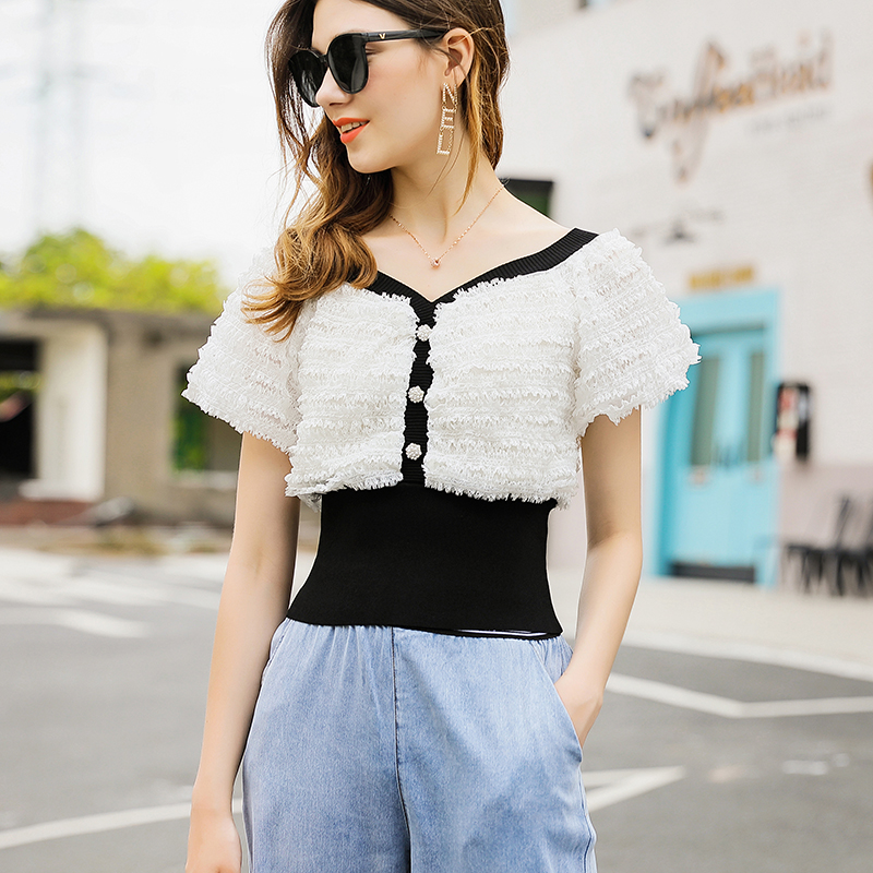 

Lace Crop Tops Women Pullover Shirt 2020 New Summer Tops Ladies V Neck White Tunic Lace Patchwork Knitted Blouse