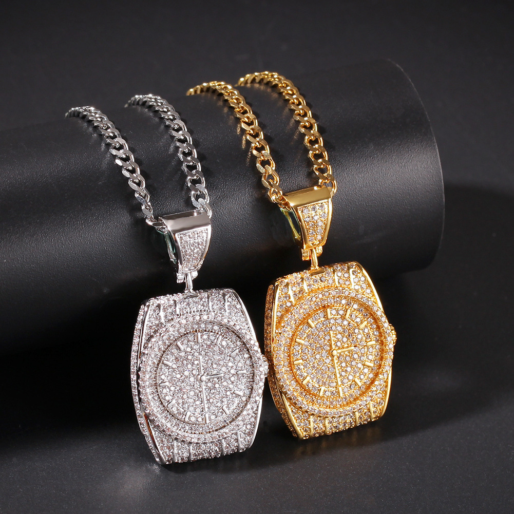 

Hip Hop Watch Shape Pendant Necklace Full Shining Diamond Stone Cool Men Stainless Steel Fine Jewelry