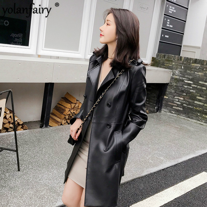 

Women's Genuine Leather Jacket Spring Autumn Long Real Sheepskin Jacket Black Trench Coat 2020 Cuero Genuino TF810 Pph364