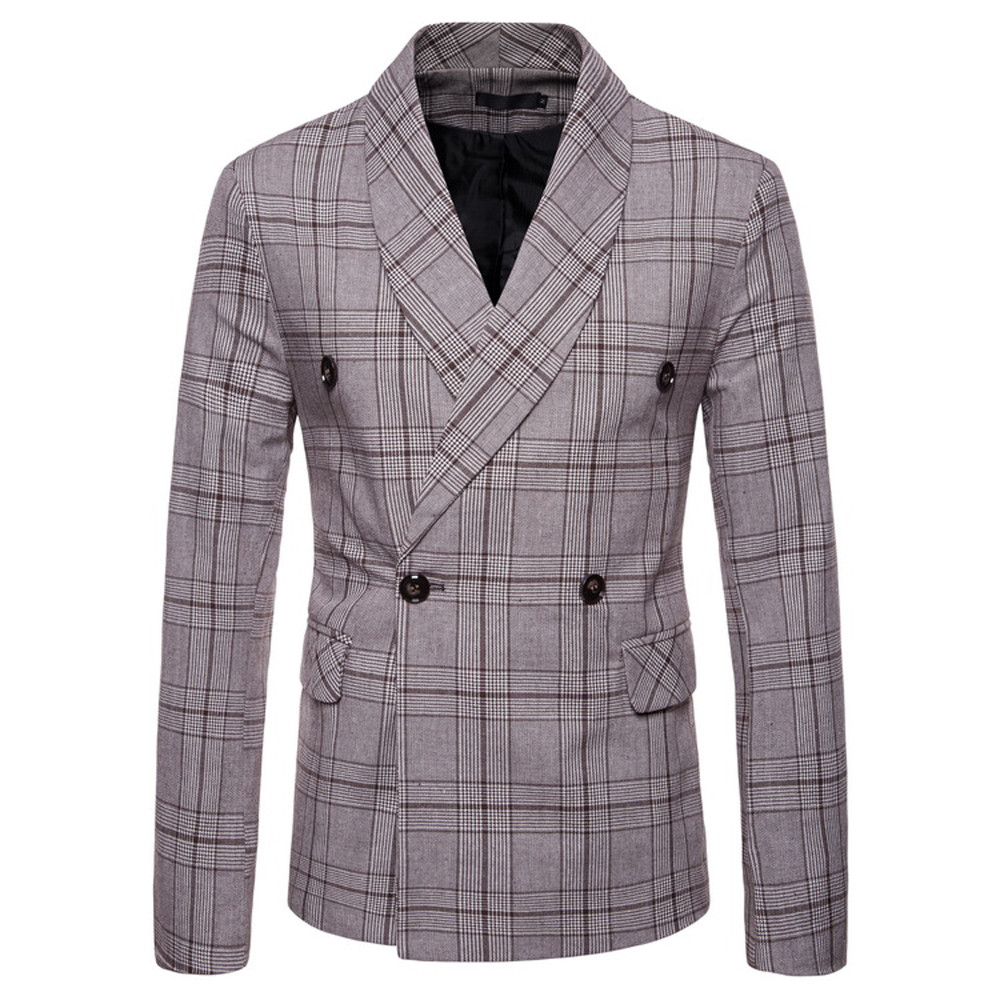 

Men's New Fashionable Checked Double-Breasted Suit Jacket Button Lattice Coat Casual Suit Jacket Men Slim Male L15#, Beige
