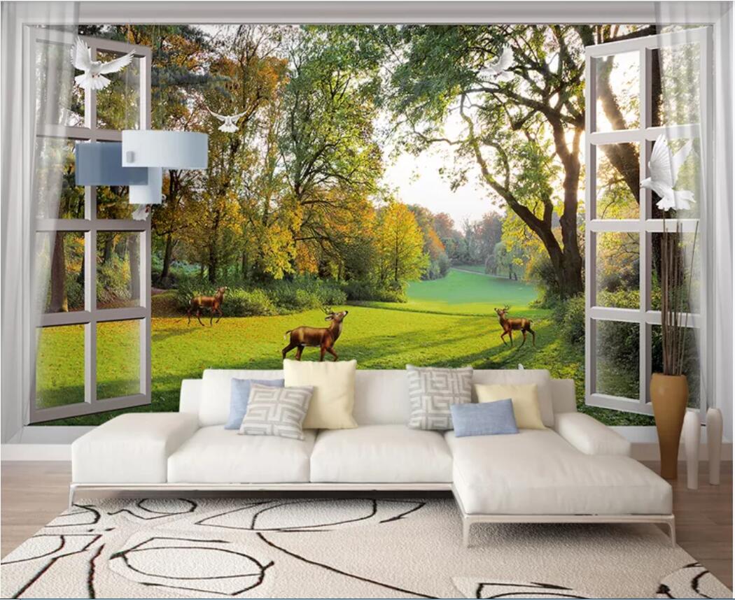 

3d room wallpaper custom photo mural Window outside the forest, small river, deer dove, TV background wall wallpaper for walls 3 d, Non-woven fabric