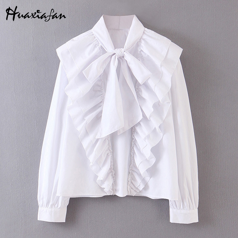 

Huaxiafan white blouse ruffles bow collar blouse women solid shirts long sleeve female tops 2019 elegant office lady wear