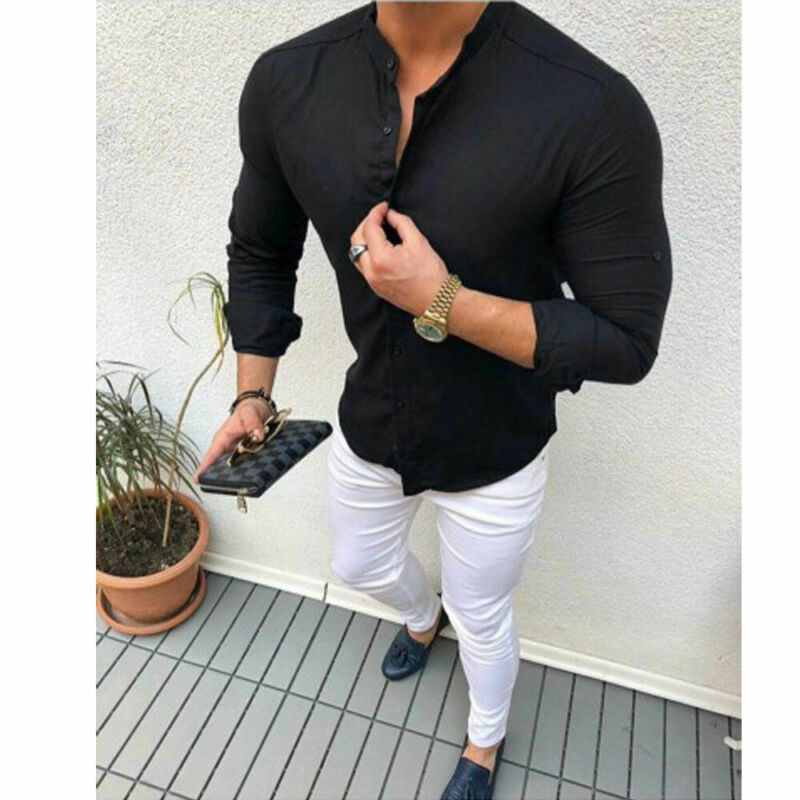 

Men's Dress Shirts Fashion Mens Summer Long Sleeve Shirt Button Up Business Work Smart Formal Tops Black White Blue Pink