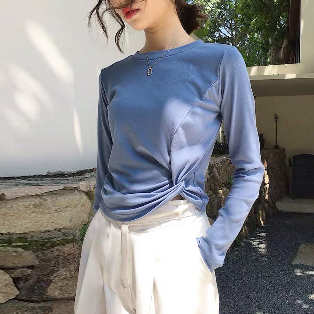 

Fashion Women Casual O-Neck Solid Knot Blouse Autumn shirt Long Sleeve Slim Tops chemisier femme blusas mujer de moda 2019 TDH, Green