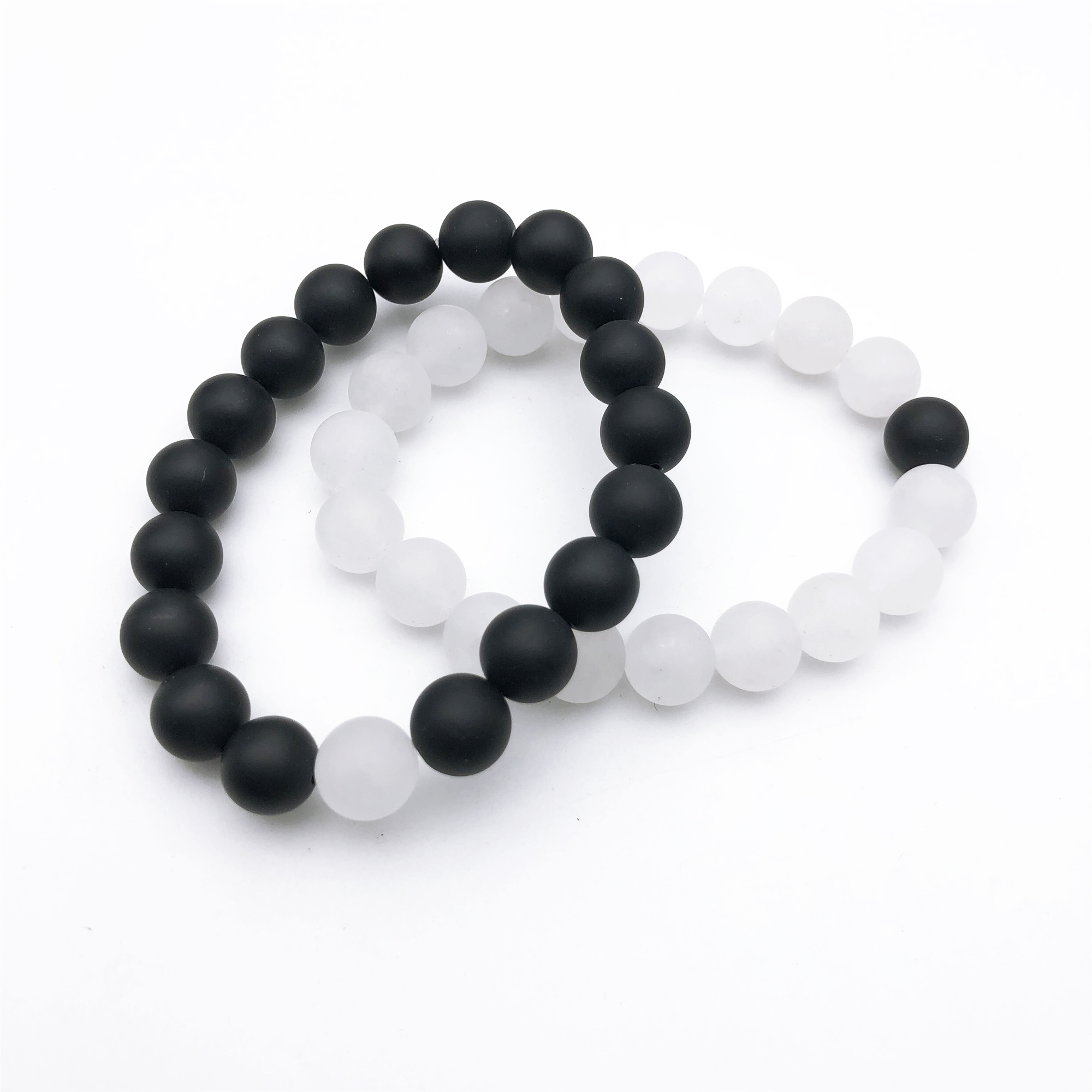 

10mm Matte White Jade & Matte Black Onyx Beads Bracelet,Gemstone Elastic Bracelets Gift For Men & Women