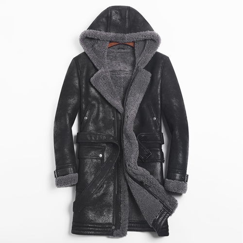 

Leather Jacket Men Sheep Shearling Real Fur Coat Hooded Winter Jacket Windbreaker for Mens Clothing Jaqueta De Couro 754 YY709, Black