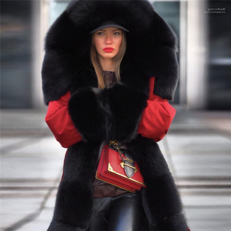 

Women Winter Long Parkas Thick Fur Designer Warm Down Coats Windbreaker, Red