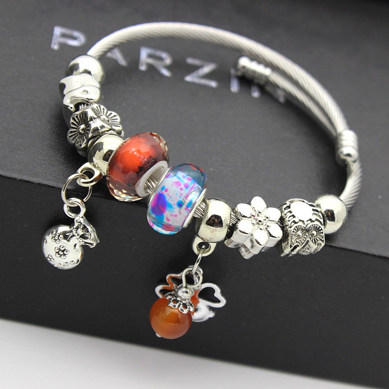

2020 Antique Silver Color Charm Bracelet Pink Red Crystal Bead Bracelets & Bangles for Women Jewelry Gift